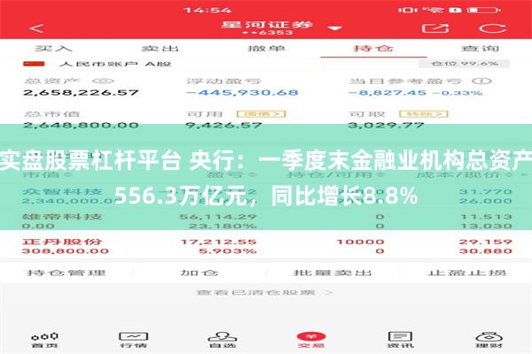 实盘股票杠杆平台 央行：一季度末金融业机构总资产556.3万亿元，同比增长8.8%